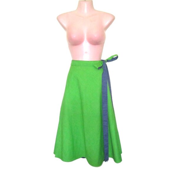 1970s vintage reversible denim green midi wrap skirt size medium - Picture 2 of 7